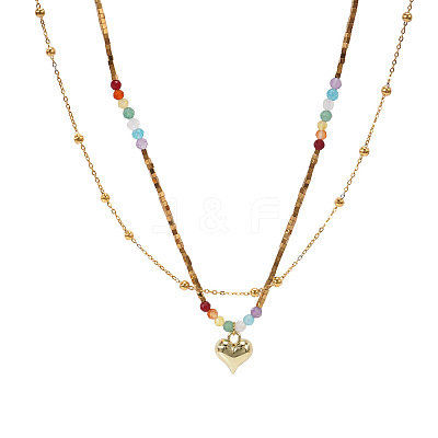 Rainbow Natural Mixed Stoned Beaded Double Layer Necklaces with Stainless Steel Heart Pendant for Beach Vacation KB9378-1-1
