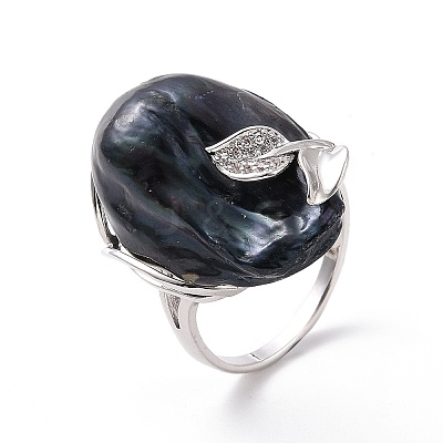 Natural Pearl Nugget with Cubic Zirconia Leaf Open Cuff Ring RJEW-P033-02P-01A-1