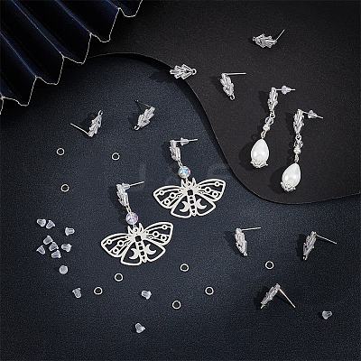 6 Pairs Leaf Shape Brass Cubic Zirconia Stud Earring Findings KK-CN0003-20P-1