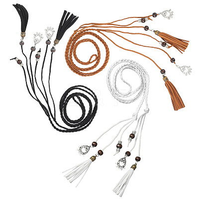 3Pcs 3 Colors Bohemian Imitation Leather Braided Tassel Wrap Chain Belts AJEW-GF0011-98-1