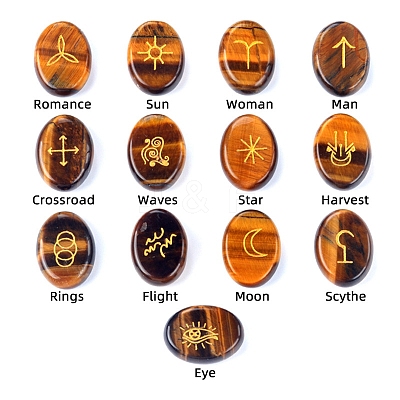 Oval Natural Tiger Eye Rune Stones PW-WG63123-01-1