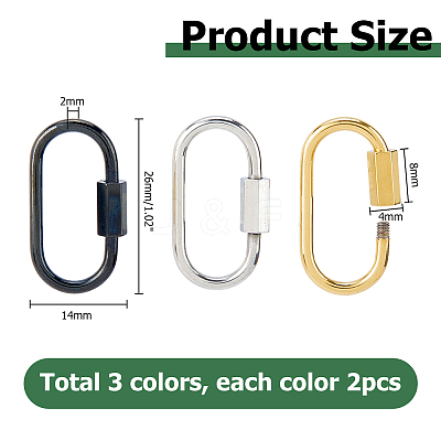 6Pcs 3 Colors 304 Stainless Steel Screw Carabiner Lock Charms STAS-HS0001-74-1