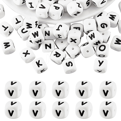 20Pcs White Cube Letter Silicone Beads 12x12x12mm Square Dice Alphabet Beads with 2mm Hole Spacer Loose Letter Beads for Bracelet Necklace Jewelry Making JX432V-1