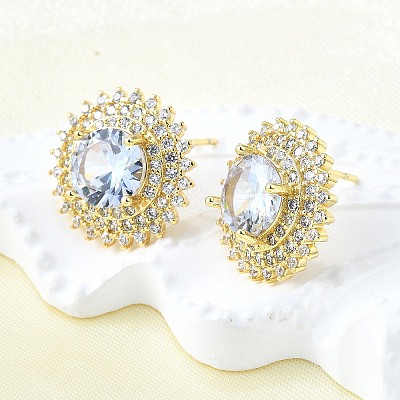Brass Micro Pave Clear Cubic Zirconia Stud Earrings for Women EJEW-F363-03G-1