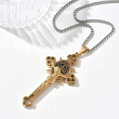 Religion 201 Stainless Steel Enamel Saint Benedict Crucifix Cross Pendant 304 Stainless Steel Box Chain Necklaces SA-CBA3211-03GP-1