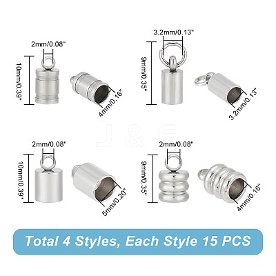 60Pcs 4 Style 201 & 304 Stainless Steel Cord Ends STAS-UN0047-78-1