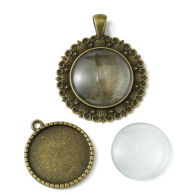 DIY Blank Round Glass & Tibetan Style Alloy Pendant Making Kits DIY-FS0006-10-1