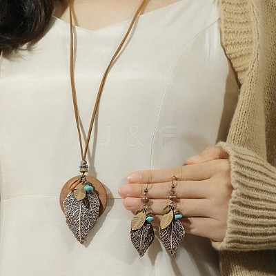 Bohemian Style Leaf Alloy & Wood Pendant Necklaces & Dangle Earrings Sets WG5D754-01-1