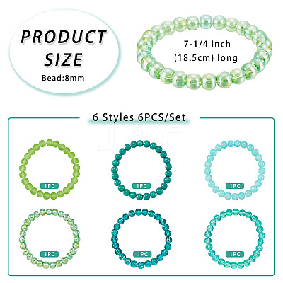 6Pcs 6 Styles 8mm Glass Round Beaded Stretch Bracelet Sets BJEW-TAC0025-1