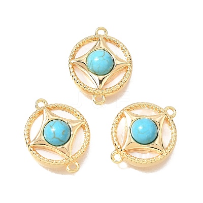 Synthetic Turquoise & Natural Shell Brass Flat Round Links Connector Charms KK-N289-16G-02-1