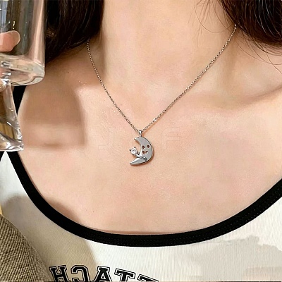 Brass Pave Clear Cubic Zirconia Smiling Face Moon Pendant Necklaces KK-CBA6599-04B-P-1