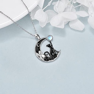 Alloy Jet Rhinestone Enamel Black Moon with Cat Shape Pendant Necklaces for Women WG3CB78-01-1