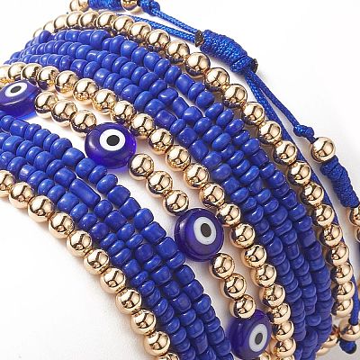 7Pcs 7 Style Evil Eye Lampwork & Glass Seed & Brass Beaded Stretch Bracelets Set for Women BJEW-JB09249-03-1