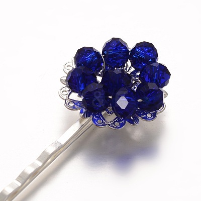 Brass Electroplate Glass Bead Flower Hair Bobby Pins PHAR-JH00048-1