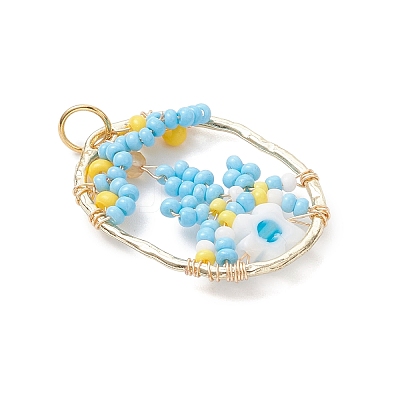Glass Seed Beaded Oval with Flower Pendants PALLOY-MZ01061-02-1