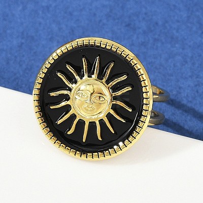 Flat Round with Sun Pattern 304 Stainless Steel Enamel Finger Rings for Women RJEW-G355-05G-1