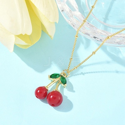Brass Resin Fruit Cherry Pendant Satellite Chain Necklaces with Green Cubic Zirconia Leaf for Women NJEW-D306-03G-1