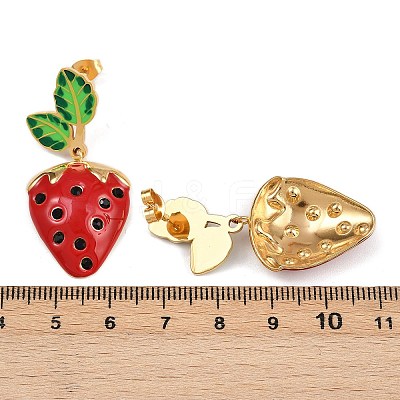 304 Stainless Steel Enamel Strawberry Dangle Stud Earrings EJEW-A138-10G-01-1