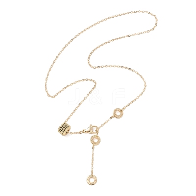 Brass Micro Pave Black Cubic Zirconia Column Bead and Love Disc Pendant Cable Chain Necklaces NJEW-JN05767-1