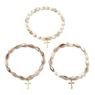 3Pcs 3 Styles Cross 201 Stainless Steel Charm Bracelets BJEW-JB14028-1