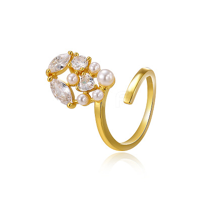 Brass & Clear Cubic Zirconia & Plastic Pearl Cuff Rings FS-WG38E75-03-1