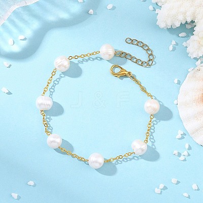 Natural Cultured Freshwater Pearl Potato Beaded Chain Bracelets BJEW-JB14270-1