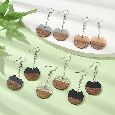 Two Tone Resin & Walnut Wood Flat Round Dangle Earrings EJEW-JE05570-1