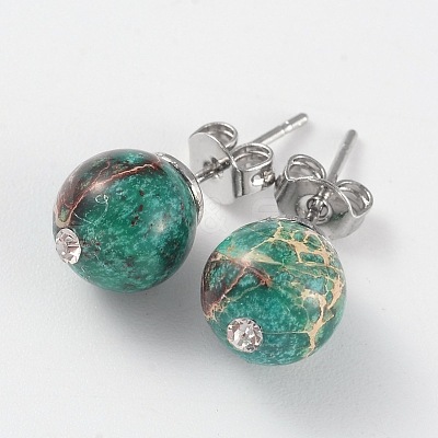 Natural Regalite/Imperial Jasper/Sea Sediment Jasper Rhinestone Round Ball Stud Earrings EJEW-JE01942-1