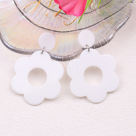 Flower with Flat Round Opaque Acrylic Dangle Stud Earrings FS-WG69462-08-1