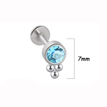 316L Surgical Stainless Steel & G23 Titanium & Aquamarine Rhinestone Flat Round Cartilage Earrings WGA7630-12-1