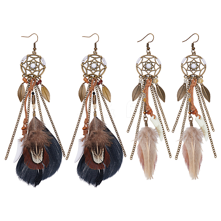 2Pairs 2 Styles Alloy Feather Dangle Earrings EJEW-UN0006-97-1