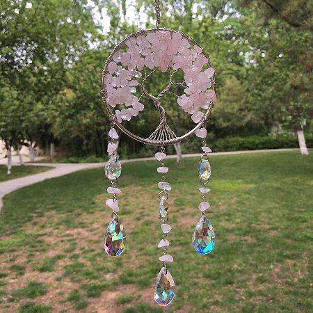 Metal Wire Wrapped Natural Rose Quartz Chips Flat Round with Tree of Life Pendant Decorations. Hanging Suncatchers TREE-PW0003-11B-1