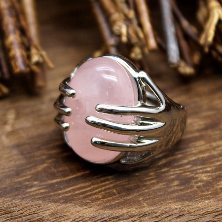 Oval Natural Rose Quartz Adjustable Rings PW-WG2A004-08-1