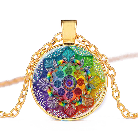 Flower of Life Glass Pendant Necklace CHAK-PW0001-017C-1