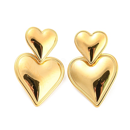304 Stainless Steel Double Heart Dangle Stud Earrings for Women EJEW-D076-01B-G-1