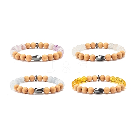 Natural Gemstone & Wood & Synthetic Hematite Stretch Bracelet BJEW-JB07613-1