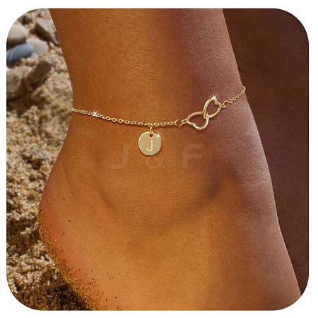Brass Double Heart Link Flat Round Initial Charm Anklets for Women FS-WGA84B7-13-1