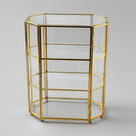 3-Tier Hexagon Glass Jewelry Organizer Display Cases with Iron Frame ODIS-WH0025-335A-1