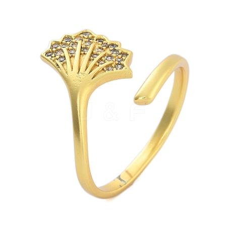 Ginkgo Leaf Brass Micro Pave Clear Cubic Zirconia Open Cuff Rings for Women RJEW-L120-001G-1
