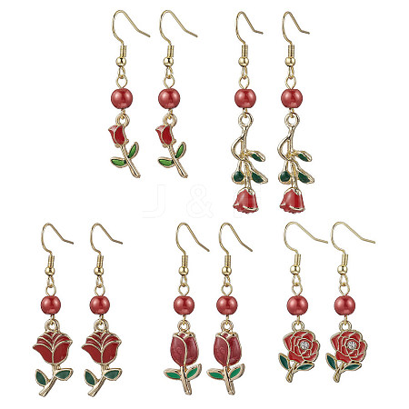 Valentine's Day Alloy Enamel Flower Dangle Earrings EJEW-JE06273-02-1