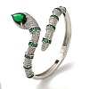 Brass Pave Green & Clear Cubic Zirconia Snake Open Cuff Bangle for Women BJEW-K246-10P-1