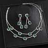 Rectangle Brass Rhinestone Double Layer Chain Necklace & Stud Dangle Earring Sets FS-WG7C731-01-2