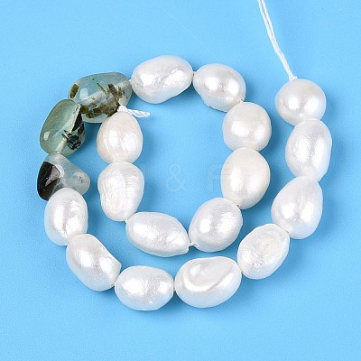 Natural Prehnite Nuggets & Natural Cultured Freshwater Pearl Beads Strands PEAR-N023-01A-10-1