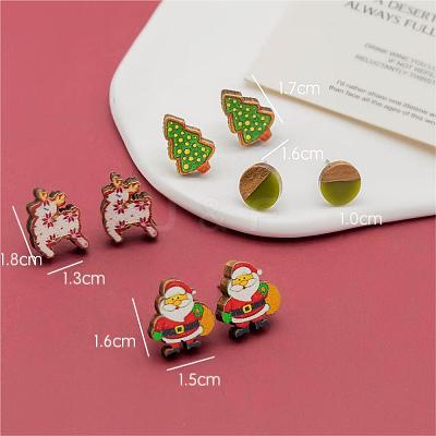 4 Pairs Santa Claus & Deer & Christmas Tree Printed Wood Stud Earrings EJEW-OY001-05-1