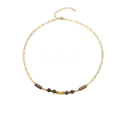 Natural Tiger Eye Cuboid Round Beaded 304 Stainless Steel Paperclip Chain Necklaces for Women WGF19B2-02-1