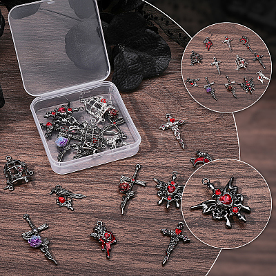 24Pcs 12 Styles Gothic Alloy Rhinestone/Acrylic/Enamel Pendants Sets FIND-SC0023-29-1