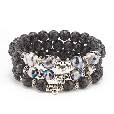 3Pcs 3 Style Natural Lava Rock & Tibetan Agate Stretch Bracelet with Alloy Tube Beaded BJEW-JB08322-1