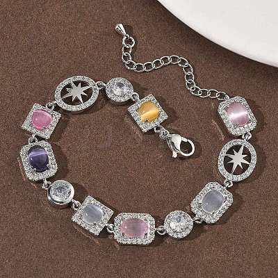 Brass Micro Pave Cubic Zirconia & Cat Eye Rectangle & Square & Oval Link Chain Bracelets for Women BJEW-G764-08P-1
