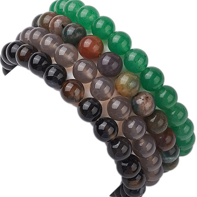 4Pcs Constellation 8mm Round Natural Gray Agate & Green Aventurine & Indian Agate & Black Onyx(Dyed & Heated) Beaded Stretch Bracelets for Women BJEW-JB10632-1
