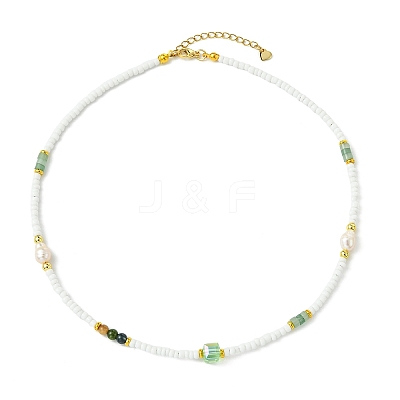 Natural Green Aventurine Heishi Beads & Rice Natural Pearl & Glass Seed Beaded Necklaces NJEW-JN06249-01-1